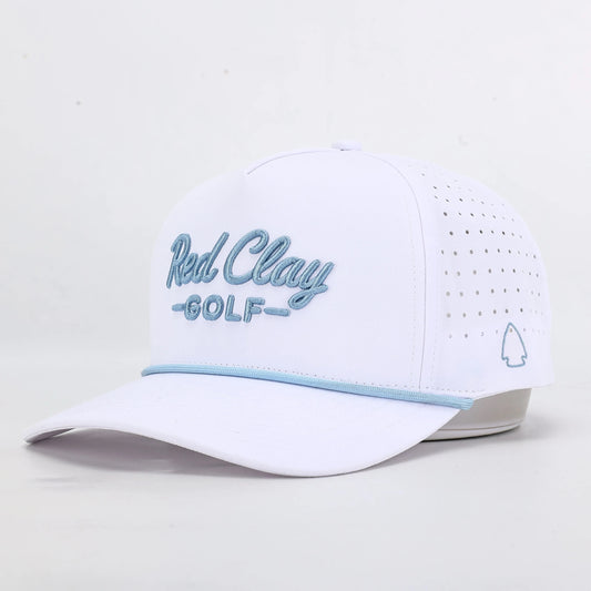 White golf cap with 'Red Clay Golf' embroidery on a light gray background