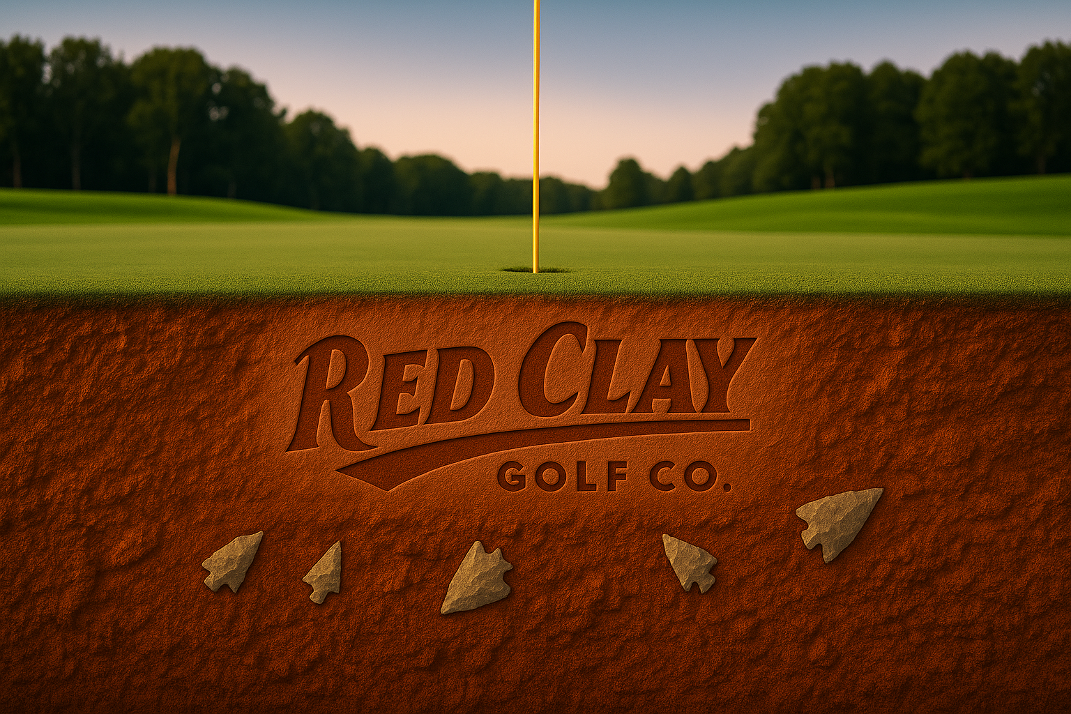 Golf course hole with a focus on Red Clay Golf Co. branding.