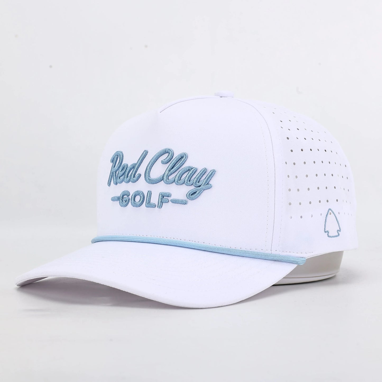 White golf cap with 'Red Clay Golf' embroidery on a light gray background